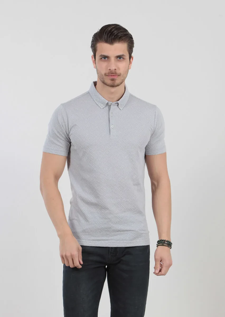 Light Grey Jacquard Polo Neck 100% Cotton T-Shirt - 3