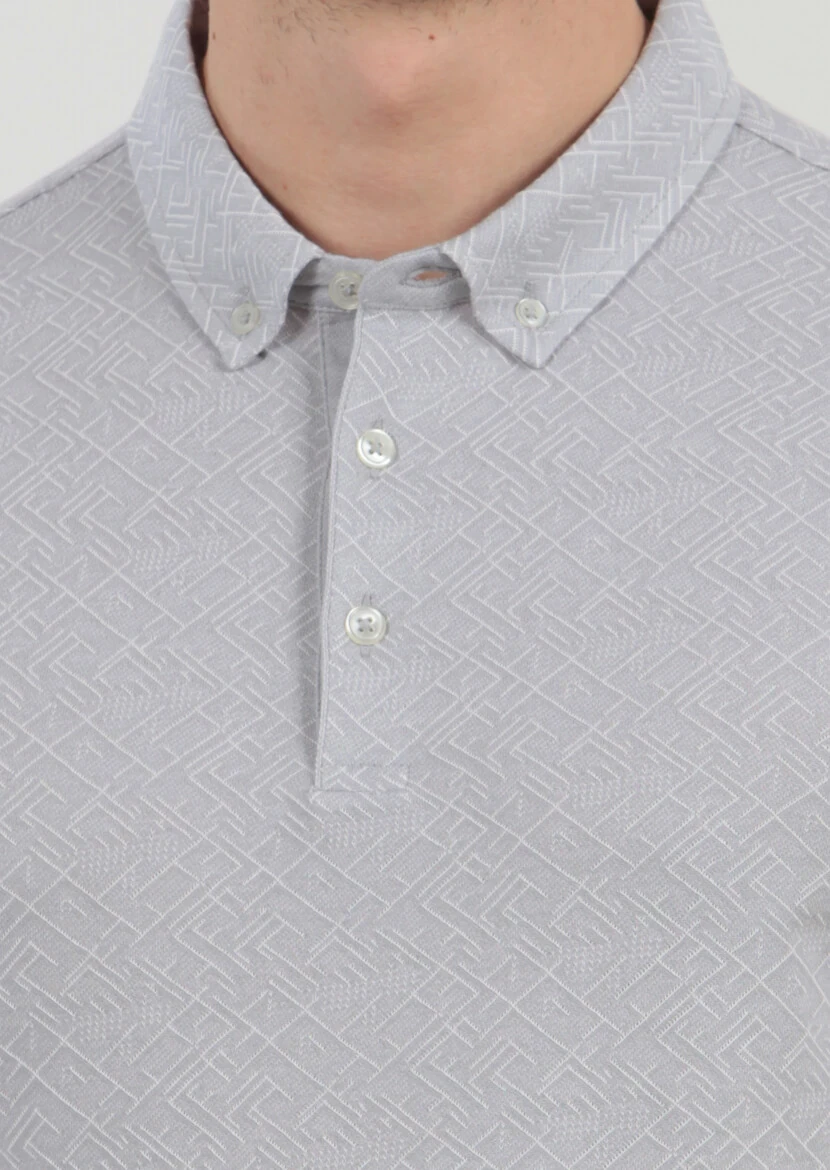 Light Grey Jacquard Polo Neck 100% Cotton T-Shirt - 4