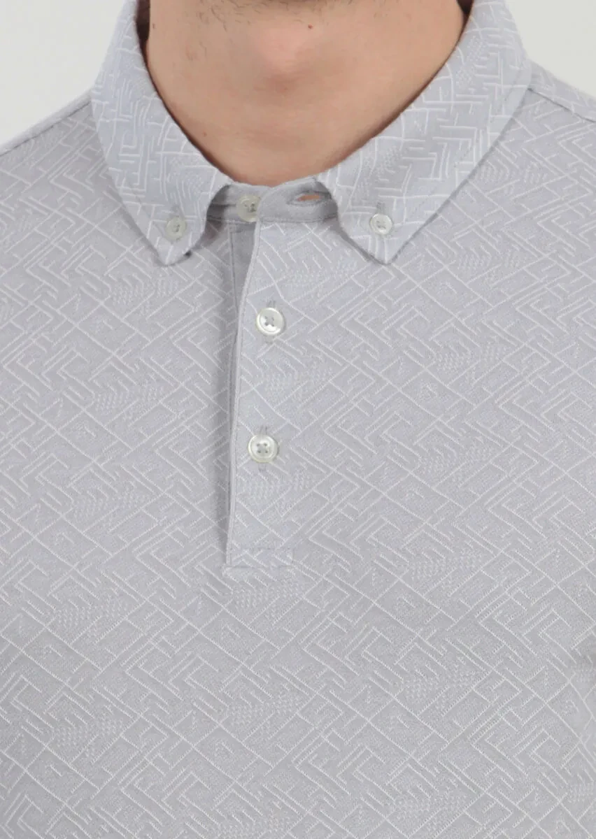 Light Grey Jacquard Polo Neck 100% Cotton T-Shirt - 4
