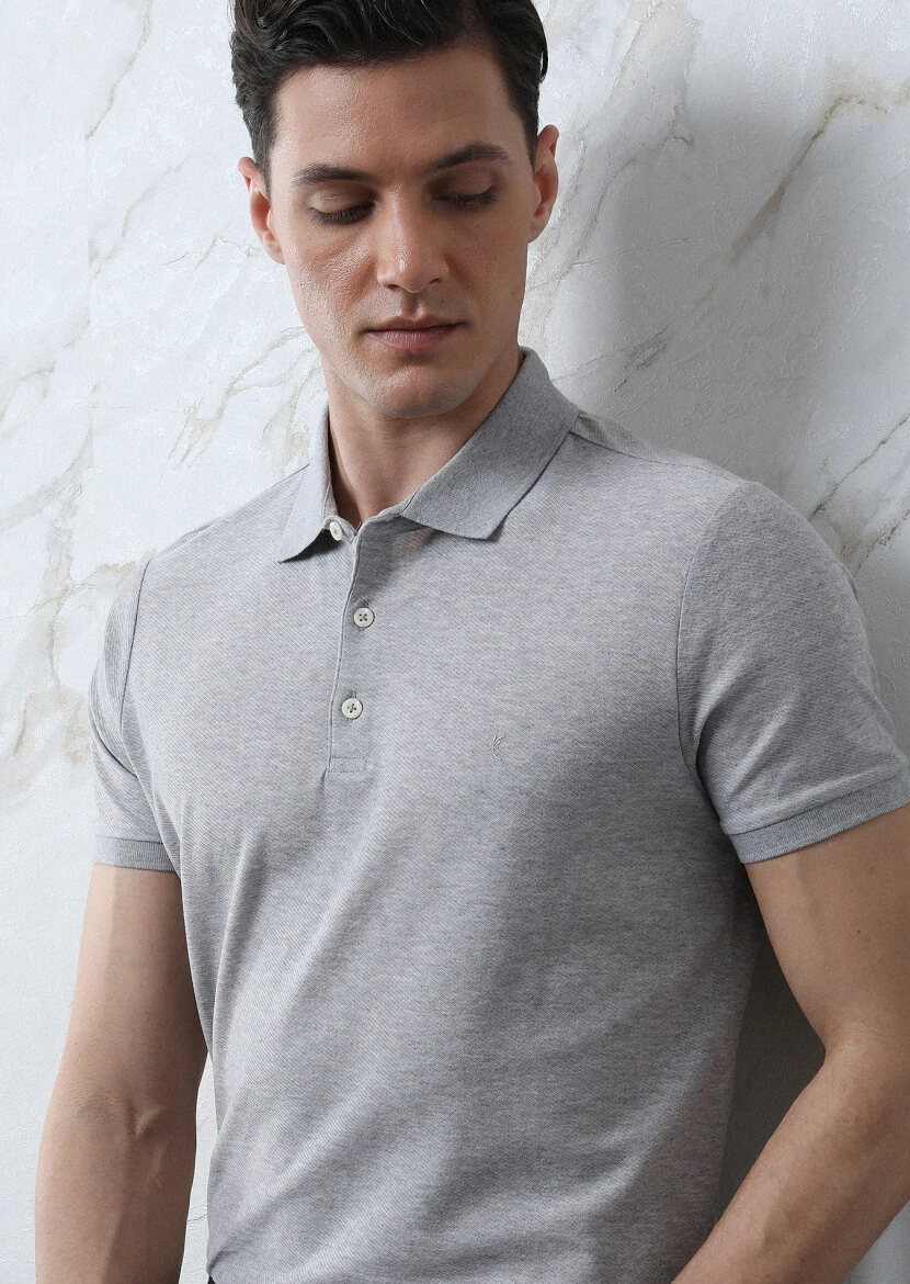 Light Grey Jacquard Polo Neck 100% Cotton T-Shirt - 1