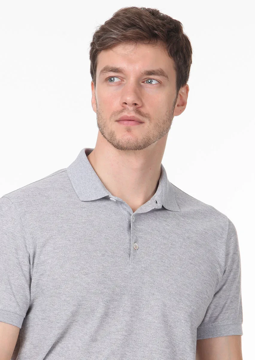 Light Grey Jacquard Polo Neck 100% Cotton T-Shirt - 2