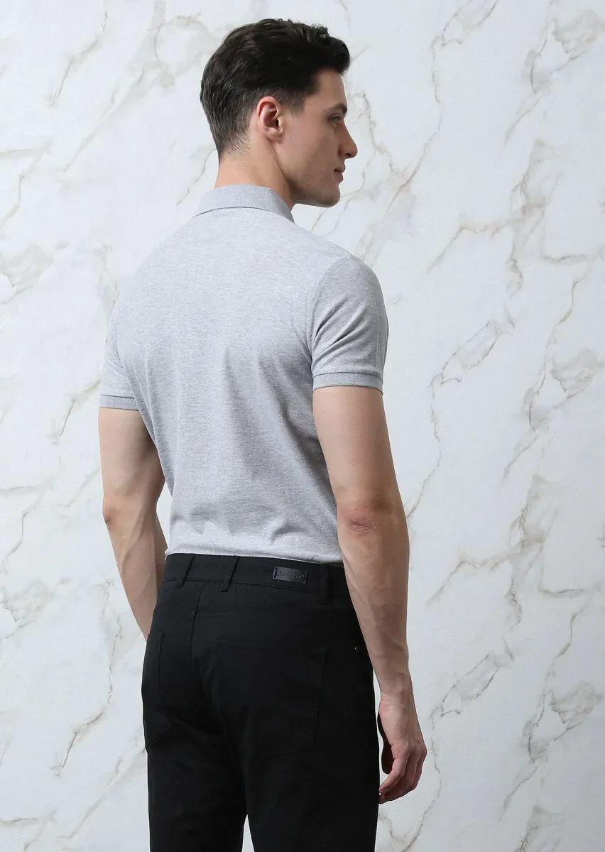 Light Grey Jacquard Polo Neck 100% Cotton T-Shirt - 5
