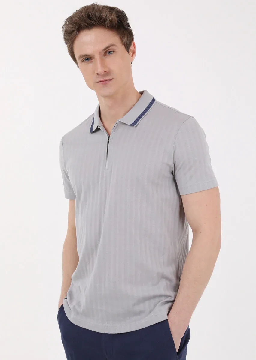 Light Grey Jacquard Polo Neck 100% Cotton T-Shirt - 2