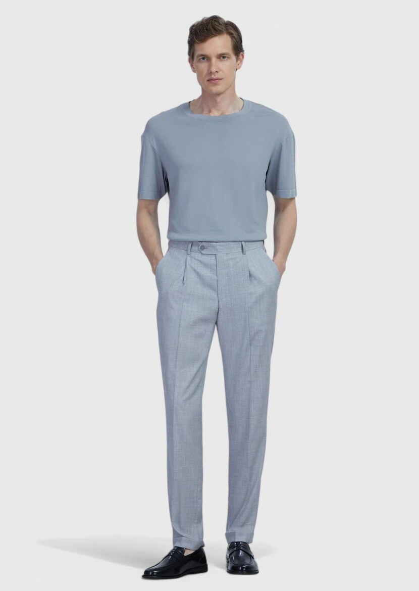 Light Grey Material Slim Fit Casual 100% Wool Trousers - RAMSEY
