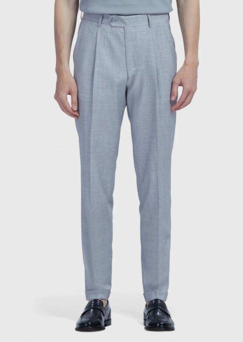 Light Grey Material Slim Fit Casual 100% Wool Trousers - RAMSEY
