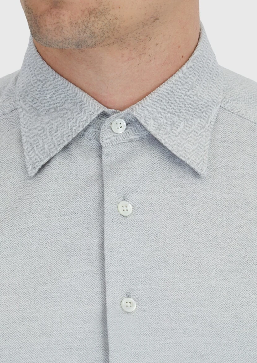 Light Grey Patterned Casual Fit Weaving Casual 100% Cotton Shirt - 4