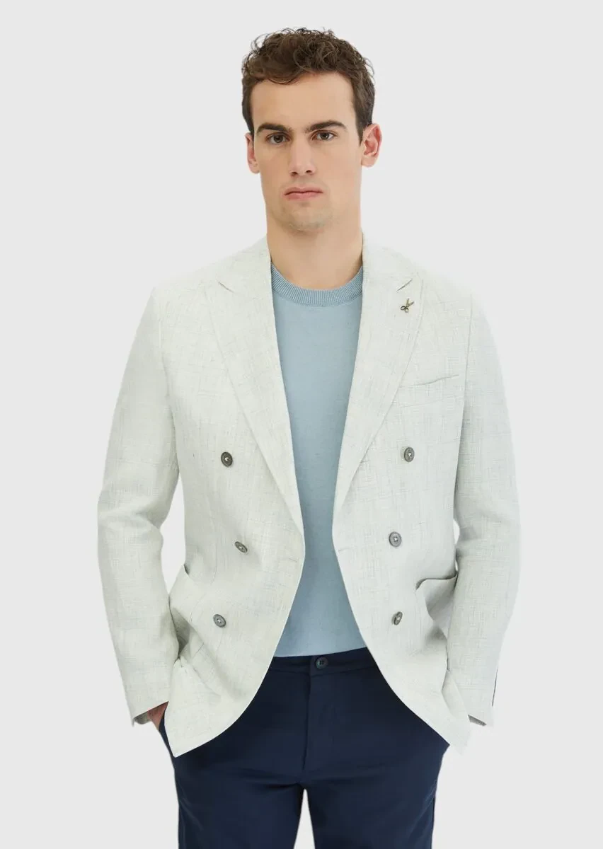 Light Grey Patterned Zeroweight Slim Fit 100% Linen Jacket - 1