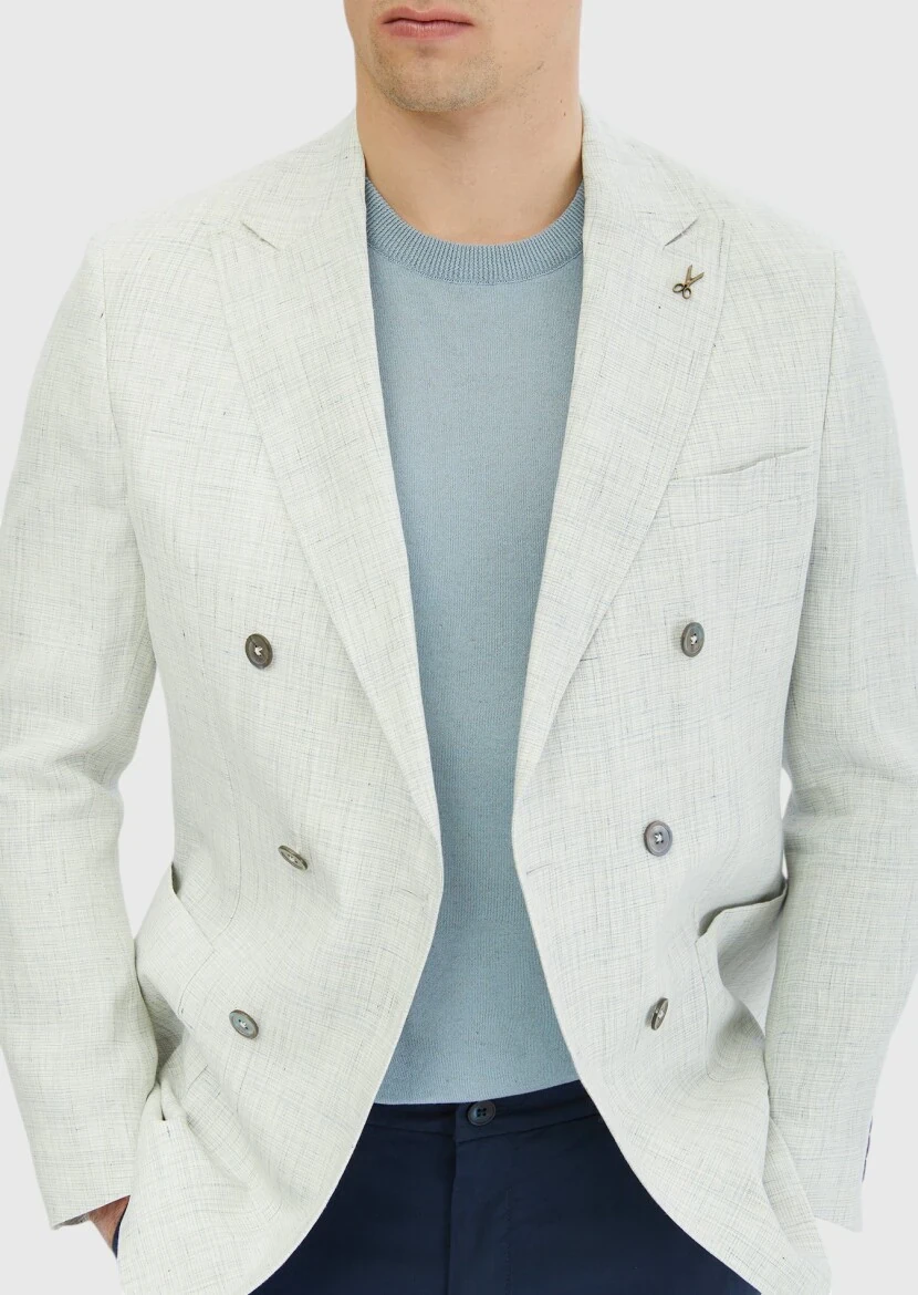 Light Grey Patterned Zeroweight Slim Fit 100% Linen Jacket - 4