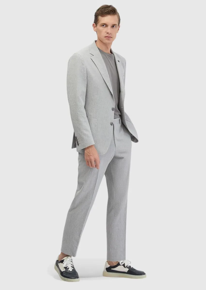 Light Grey Patterned Zeroweight Slim Fit Cotton Blended Suit - 3