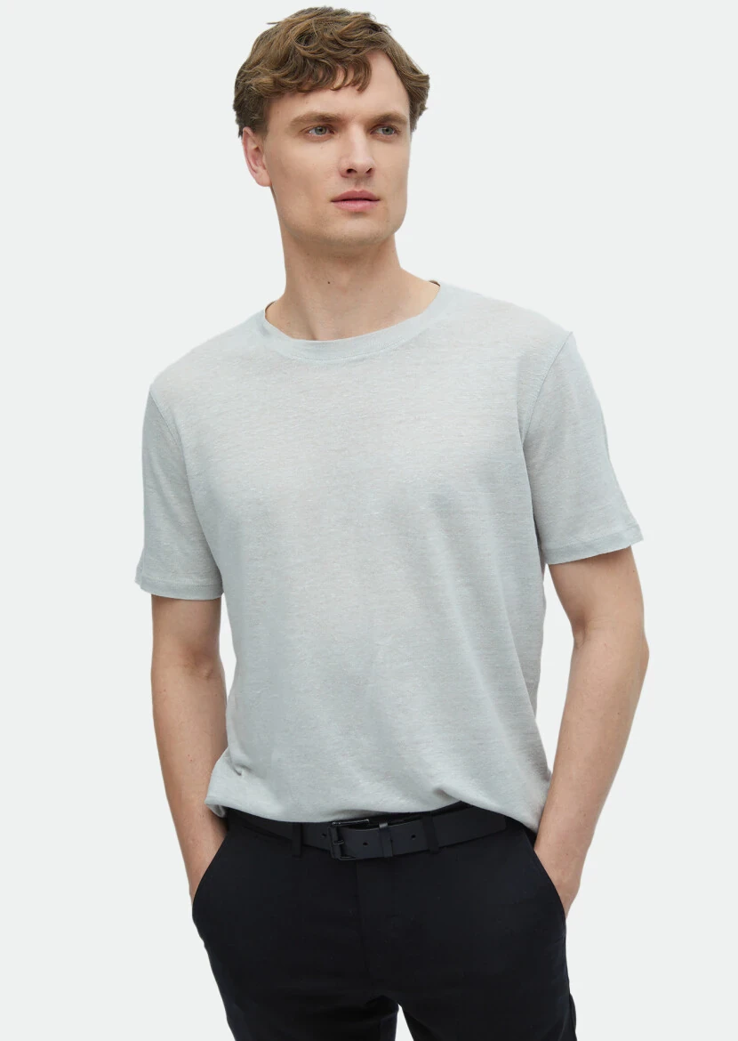 Light Grey Plain Crew Neck 100% Linen T-Shirt - RAMSEY