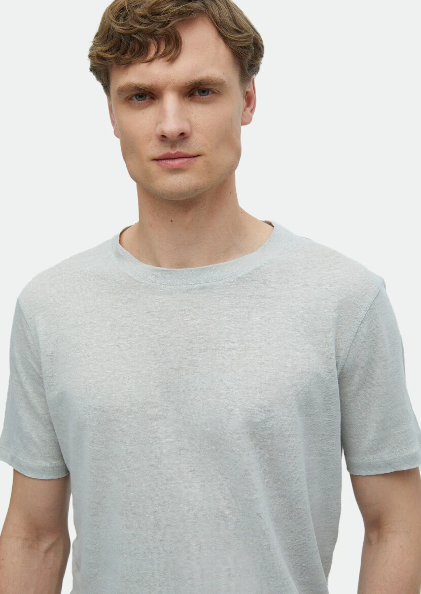 Light Grey Plain Crew Neck 100% Linen T-Shirt - 3