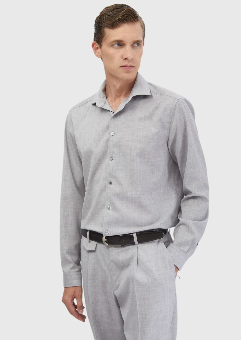 Light Grey Plain Regular Fit Weaving Classical 100% Wool Shirt - RAMSEY