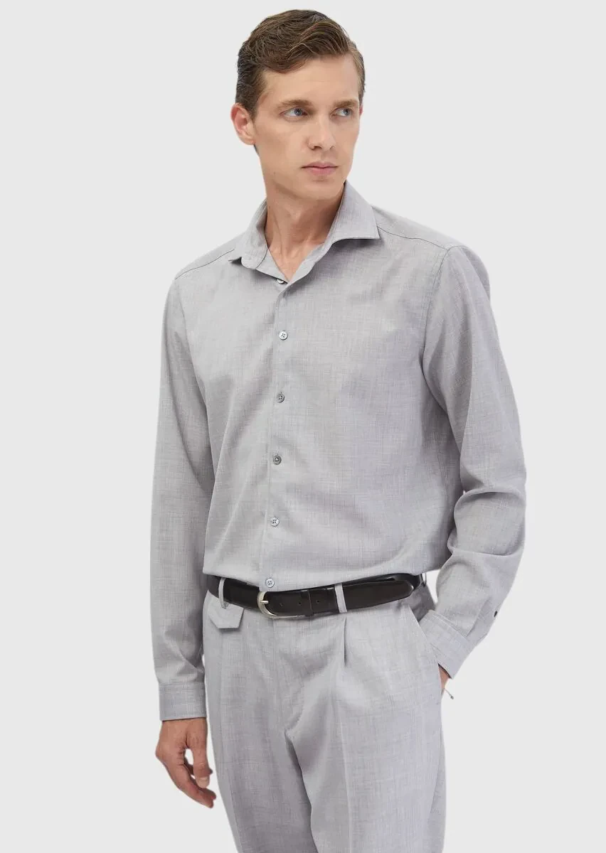 Light Grey Plain Regular Fit Weaving Classical 100% Wool Shirt - 1