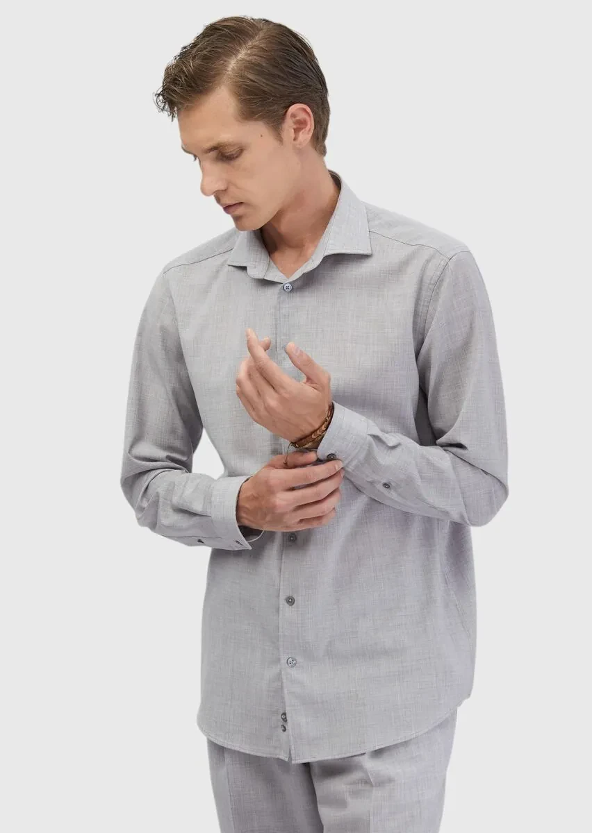 Light Grey Plain Regular Fit Weaving Classical 100% Wool Shirt - 3