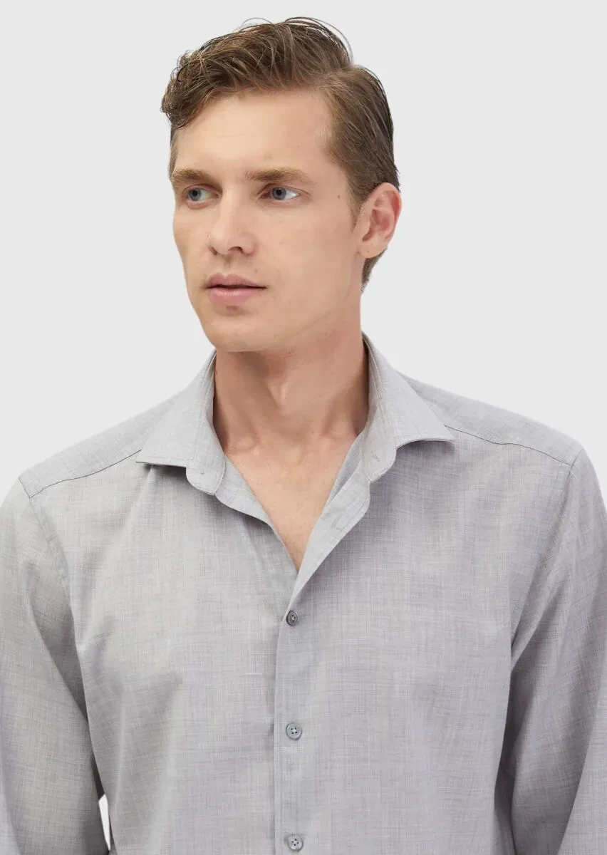 Light Grey Plain Regular Fit Weaving Classical 100% Wool Shirt - 4