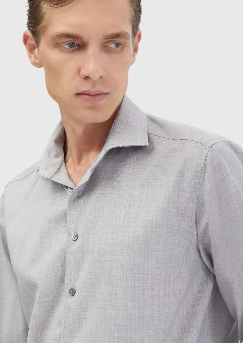 Light Grey Plain Regular Fit Weaving Classical 100% Wool Shirt - 5