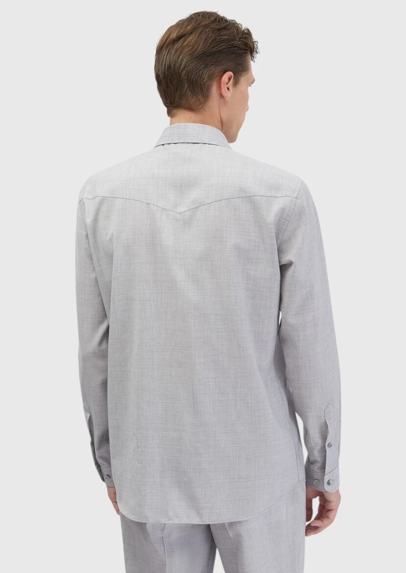 Light Grey Plain Regular Fit Weaving Classical 100% Wool Shirt - 7
