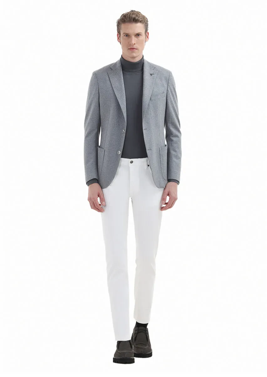 Light Grey Plain Shirt Shoulder Slim Fit 100% Wool Jacket - 2