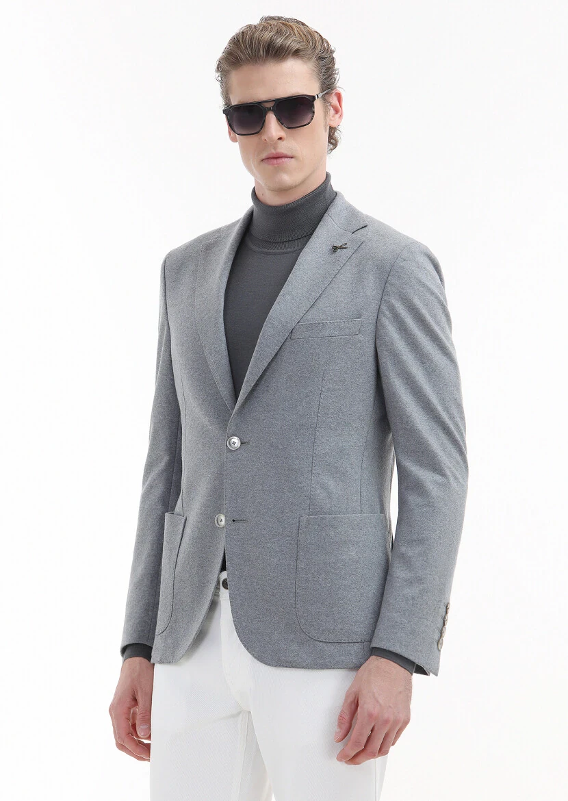 Light Grey Plain Shirt Shoulder Slim Fit 100% Wool Jacket - 3