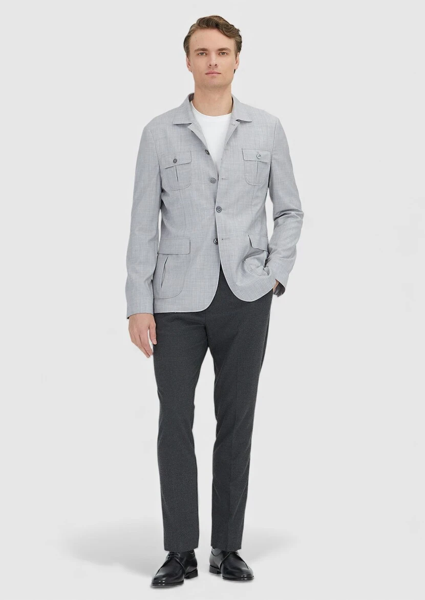 Light Grey Plain Shirt Shoulder Slim Fit 100% Wool Jacket - RAMSEY