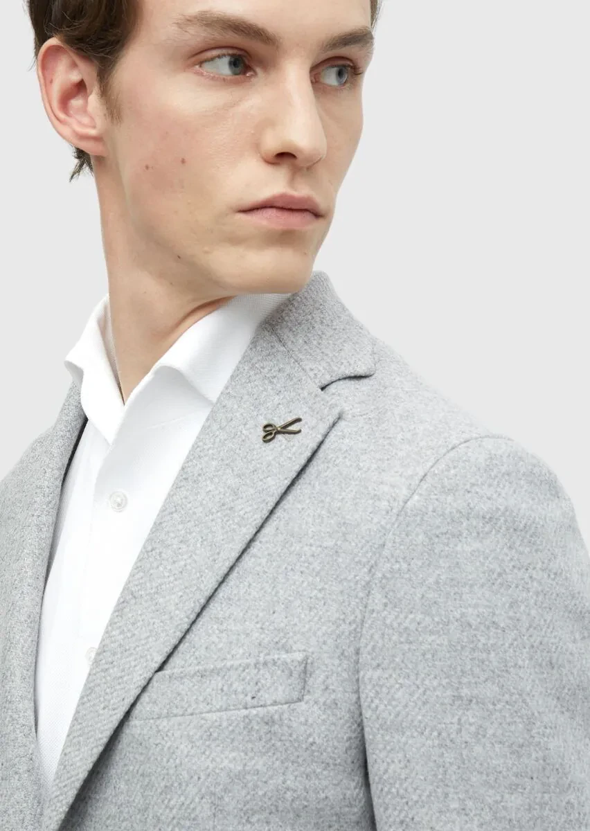 Light Grey Plain Shirt Shoulder Slim Fit Wool Blended Jacket - 4