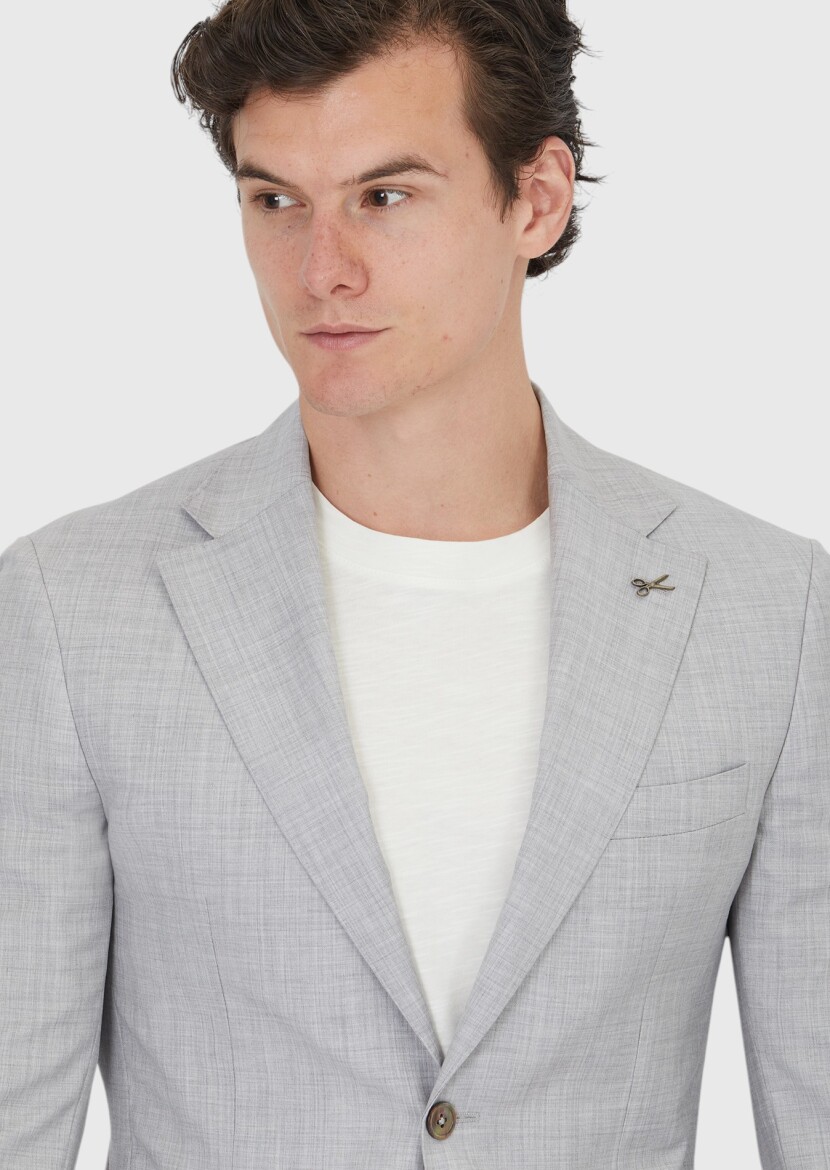 Light Grey Plain Zeroweight Slim Fit 100% Wool Jacket - 3