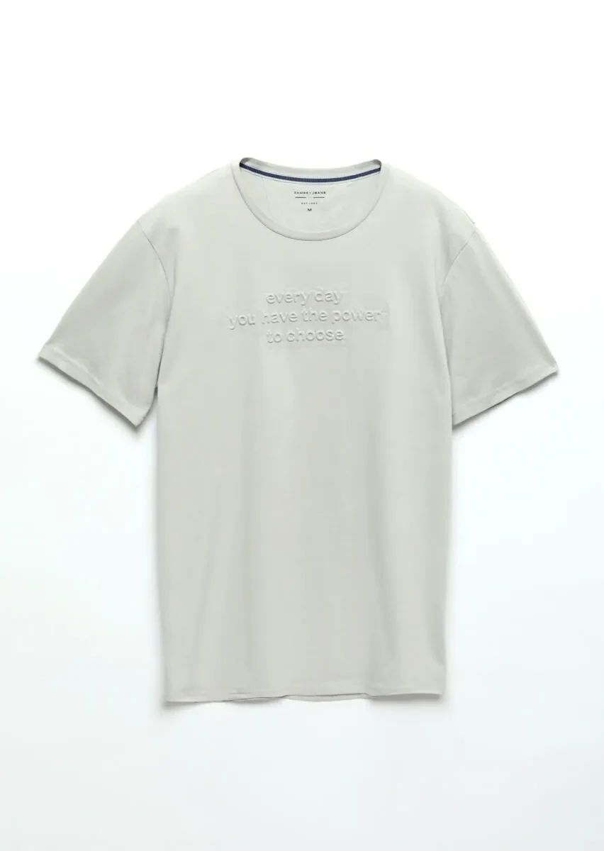 Light Grey Printed Crew Neck 100% Cotton T-Shirt - 5