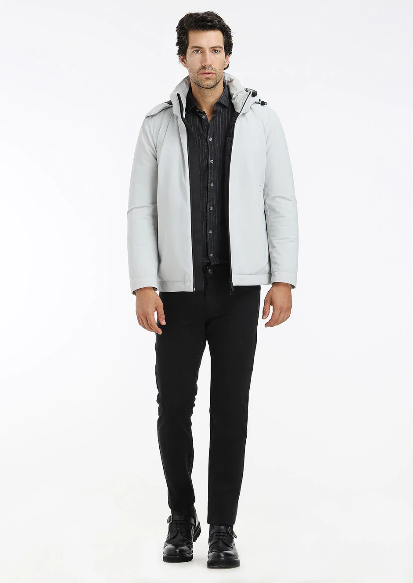 Light Grey Regular Fit Casual Weaving Removable Hood Coat - 1