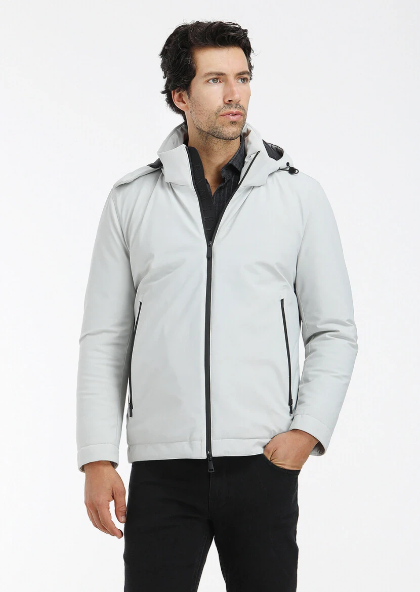 Light Grey Regular Fit Casual Weaving Removable Hood Coat - 2