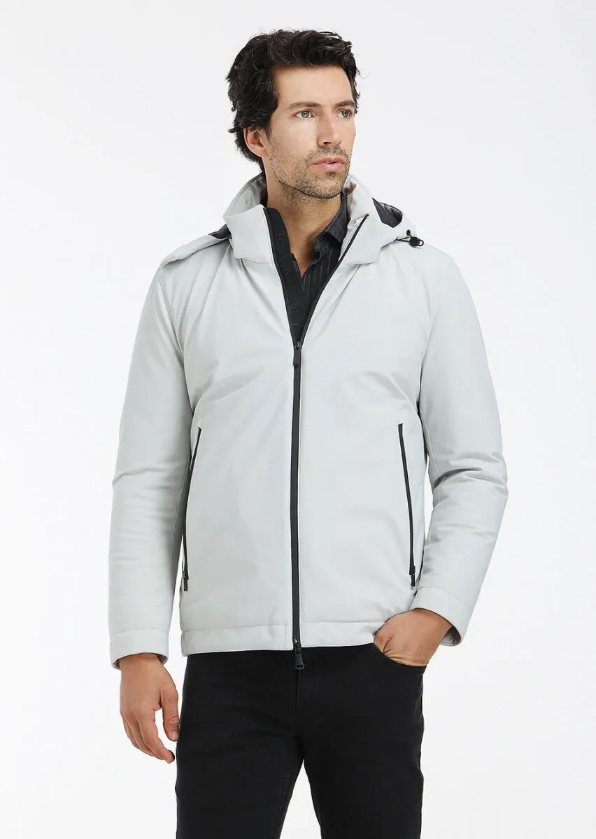Light Grey Regular Fit Casual Weaving Removable Hood Coat - 2