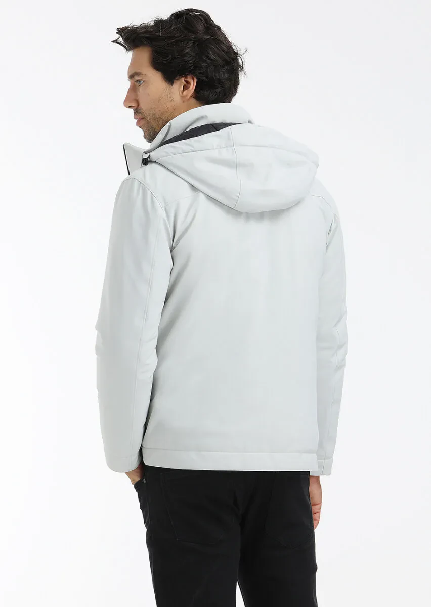 Light Grey Regular Fit Casual Weaving Removable Hood Coat - 5