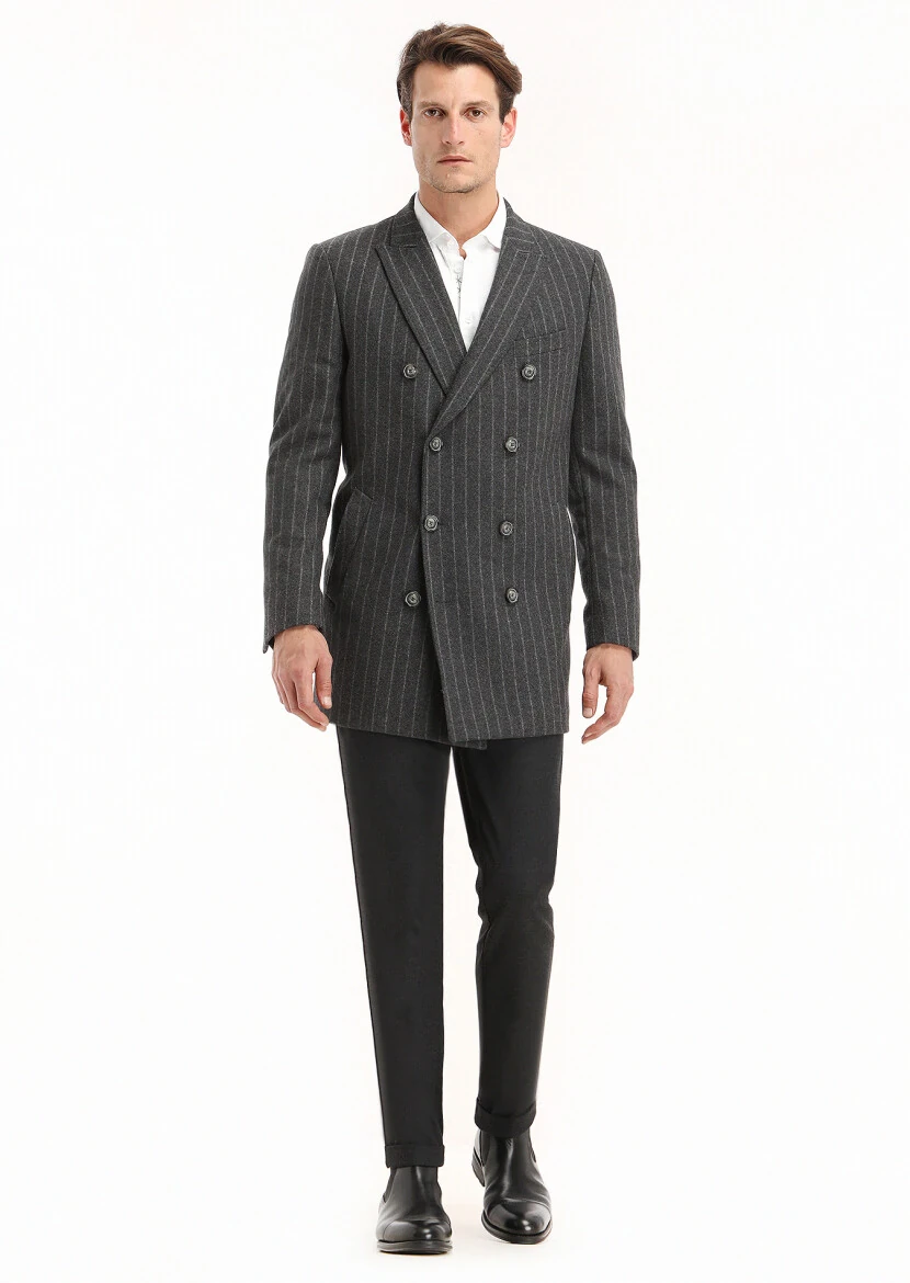 Light Grey Regular Fit Double Breasted Collar Casual Weaving Coat - 1