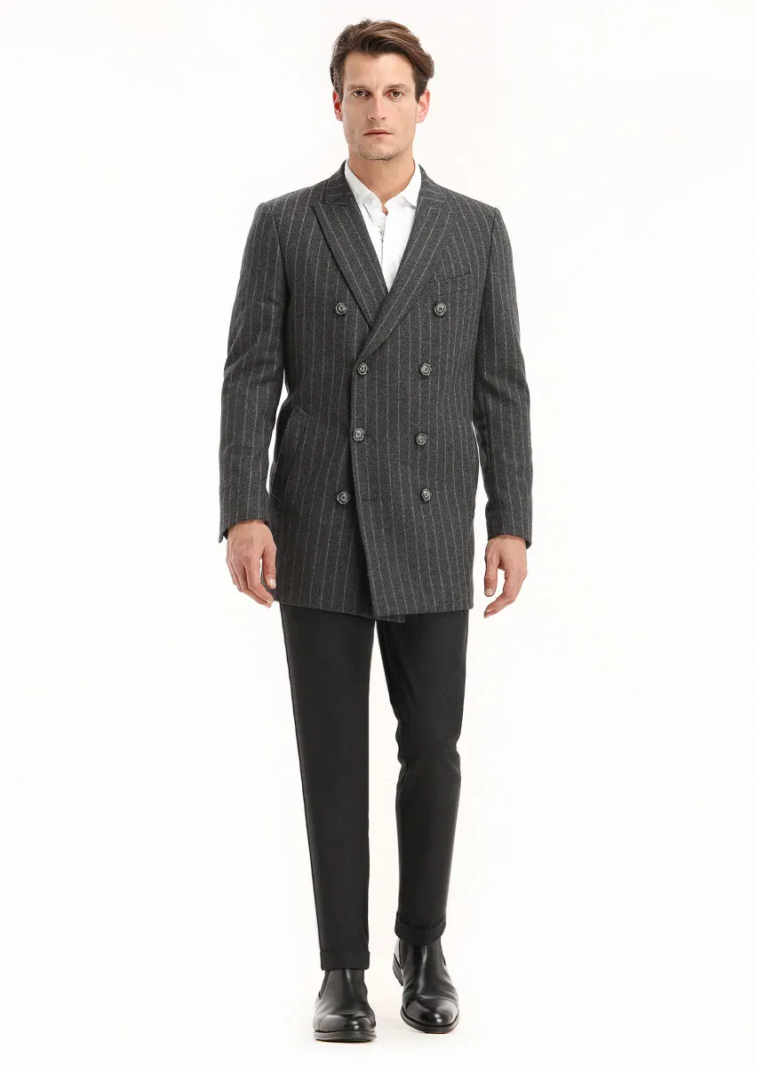 Light Grey Regular Fit Double Breasted Collar Casual Weaving Coat - 1