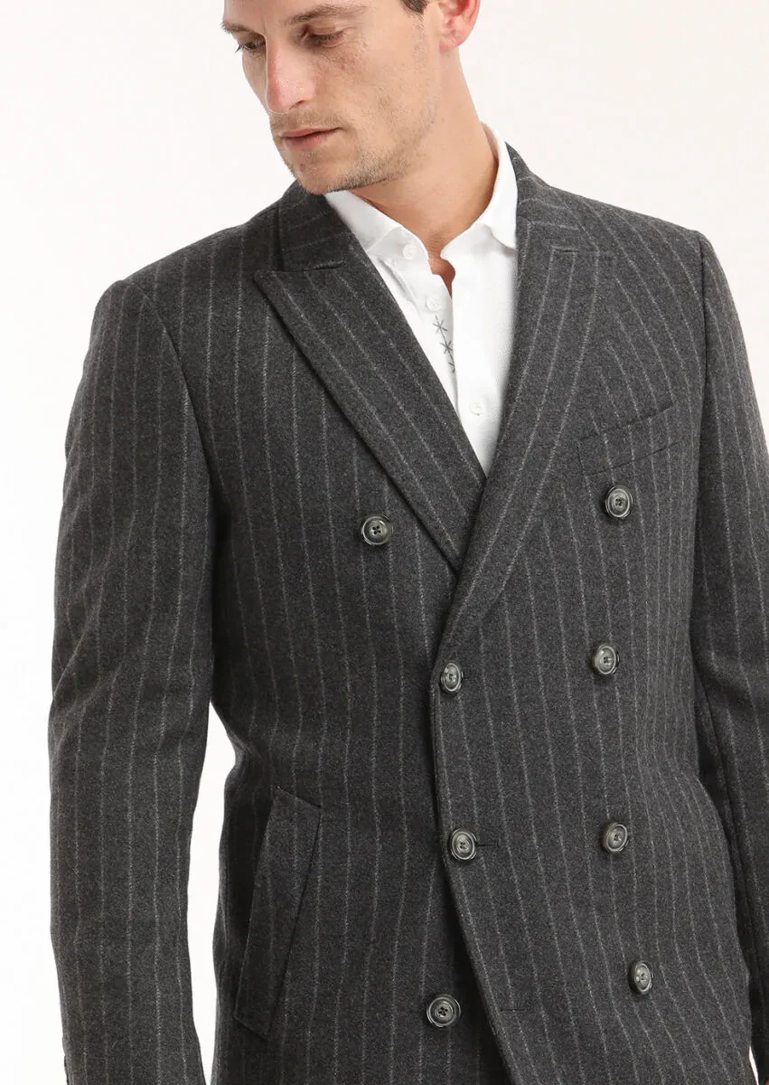 Light Grey Regular Fit Double Breasted Collar Casual Weaving Coat - 3