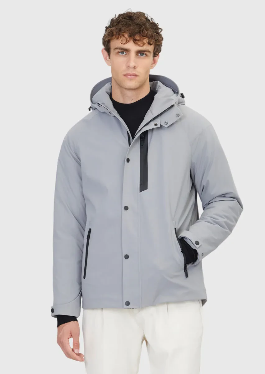 Light Grey Regular Fit Hooded Casual Weaving Coat - 1