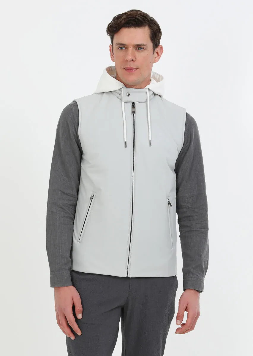 Light Grey Regular Fit Hooded Casual Weaving Puffer Vest - 1