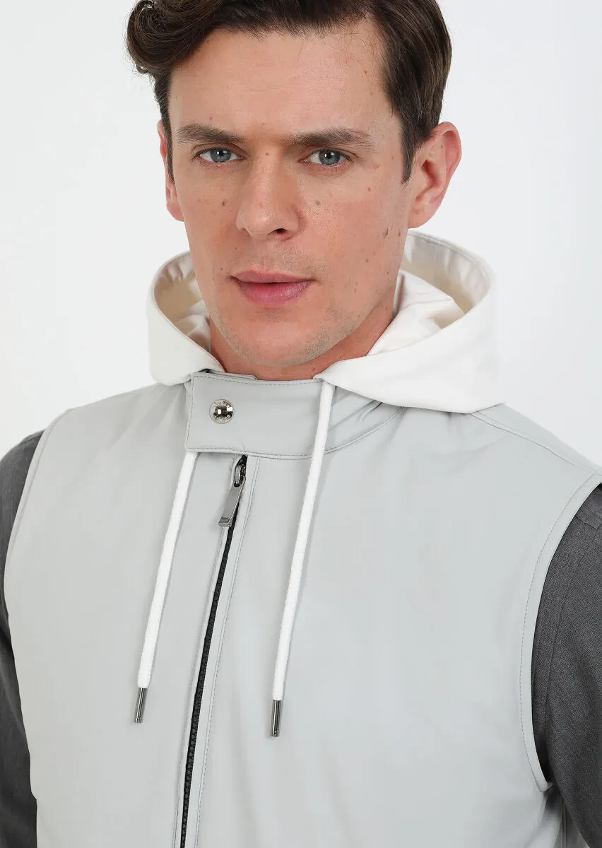 Light Grey Regular Fit Hooded Casual Weaving Puffer Vest - 2