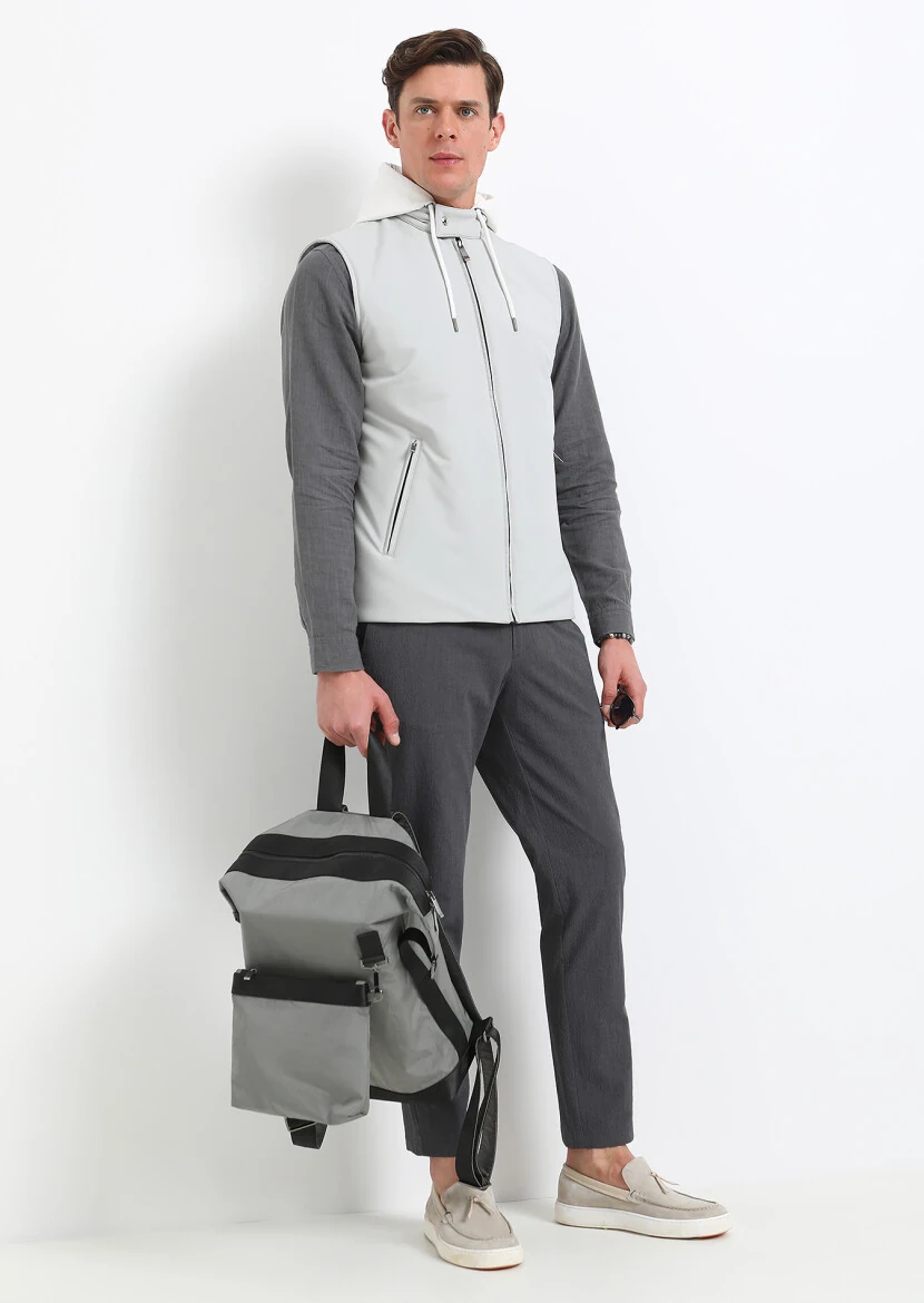 Light Grey Regular Fit Hooded Casual Weaving Puffer Vest - 4