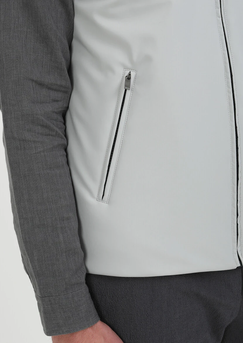 Light Grey Regular Fit Hooded Casual Weaving Puffer Vest - 5