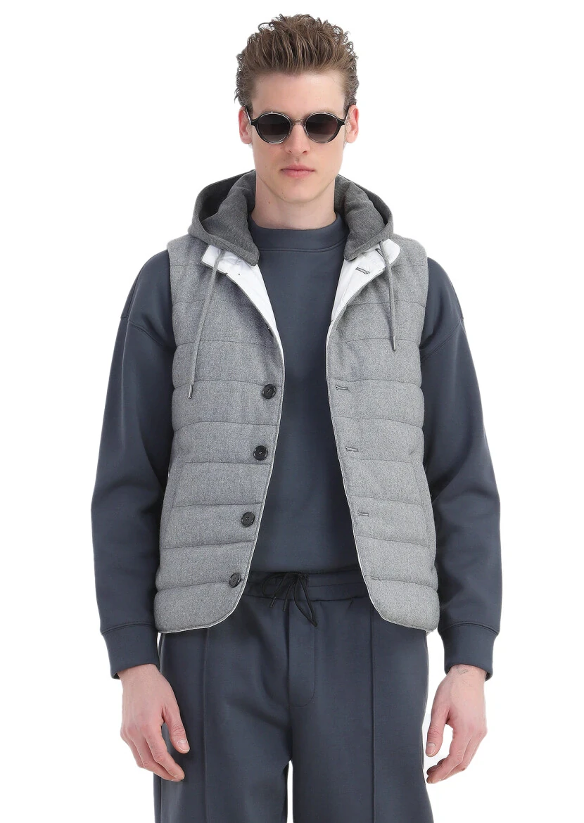 Light Grey Regular Fit Hooded Casual Weaving Puffer Vest - 4