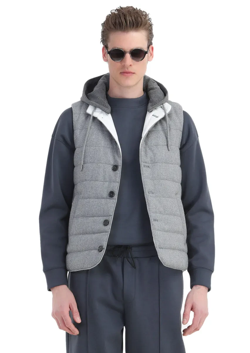 Light Grey Regular Fit Hooded Casual Weaving Puffer Vest - 4
