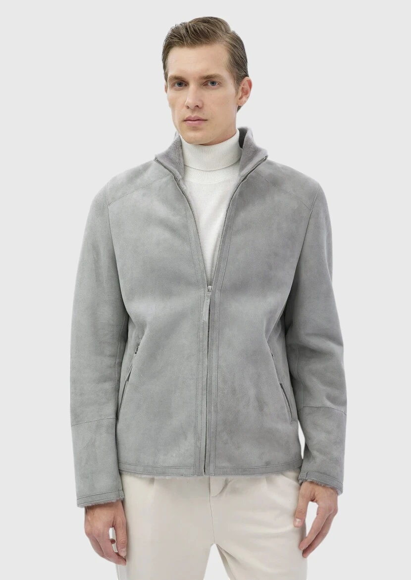 Light Grey Regular Fit Turtleneck Casual Fur Leather Coat - RAMSEY