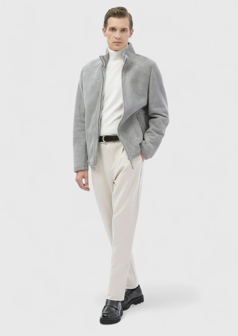 Light Grey Regular Fit Turtleneck Casual Fur Leather Coat - RAMSEY