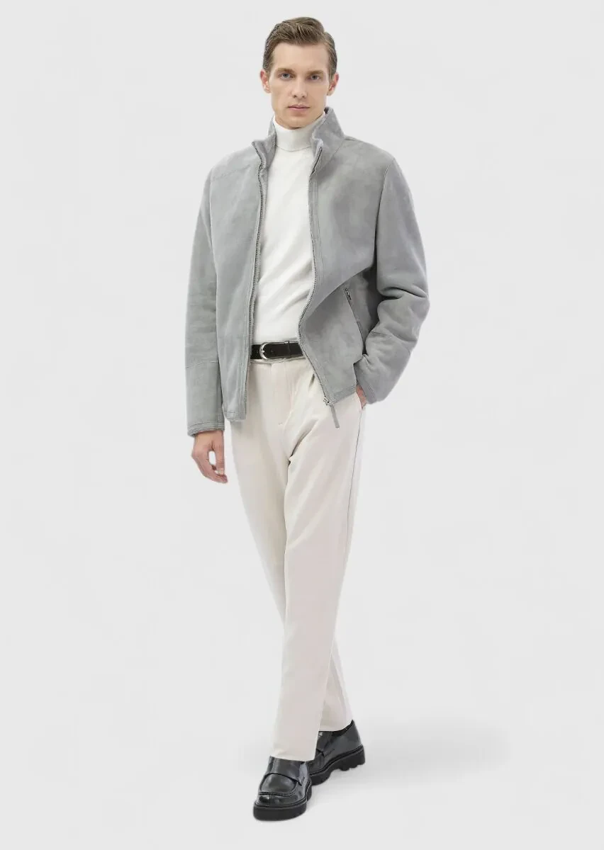 Light Grey Regular Fit Turtleneck Casual Fur Leather Coat - 2