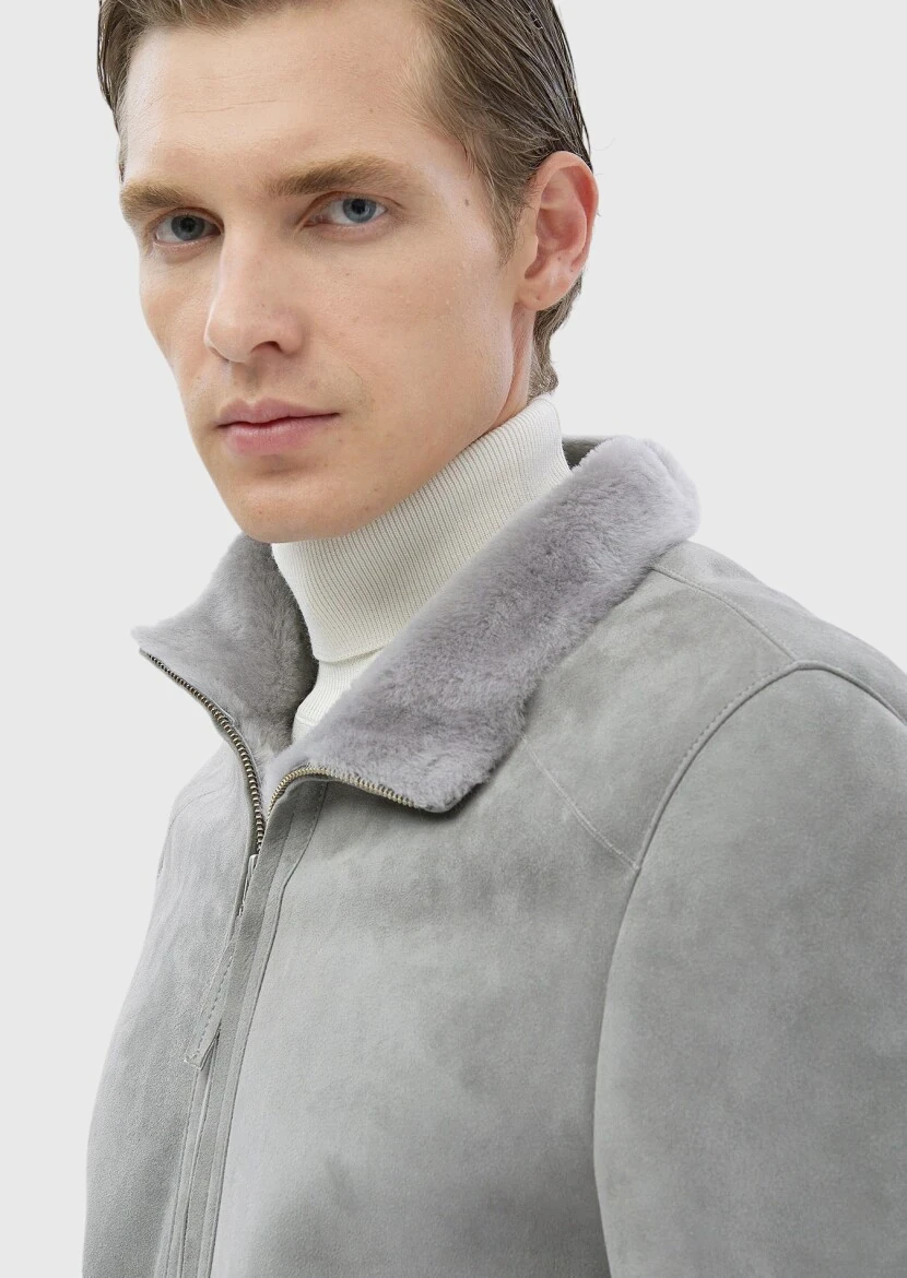 Light Grey Regular Fit Turtleneck Casual Fur Leather Coat - 5