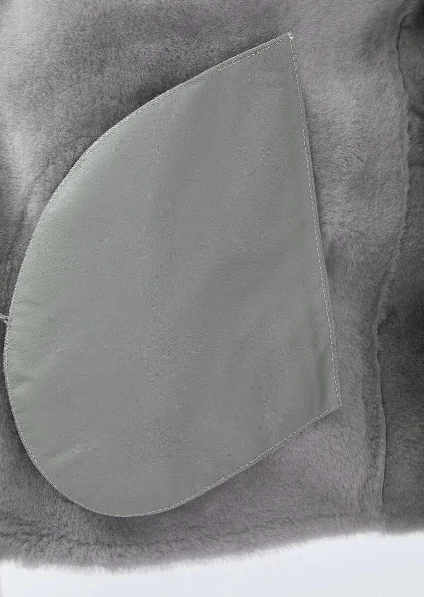 Light Grey Regular Fit Turtleneck Casual Fur Leather Coat - 7