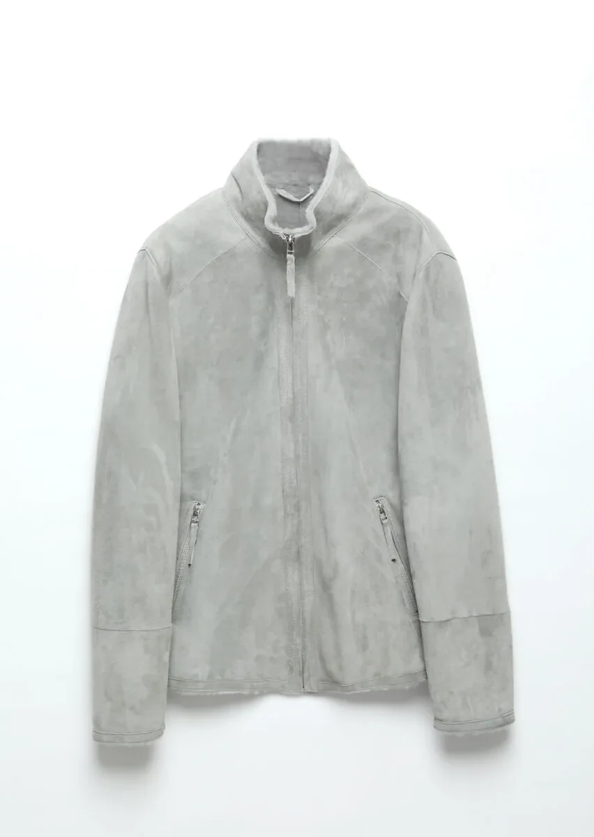 Light Grey Regular Fit Turtleneck Casual Fur Leather Coat - 9