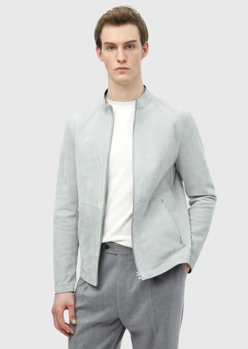 Light Grey Regular Fit Turtleneck Casual Suede Double-Sided Leather Coat - RAMSEY