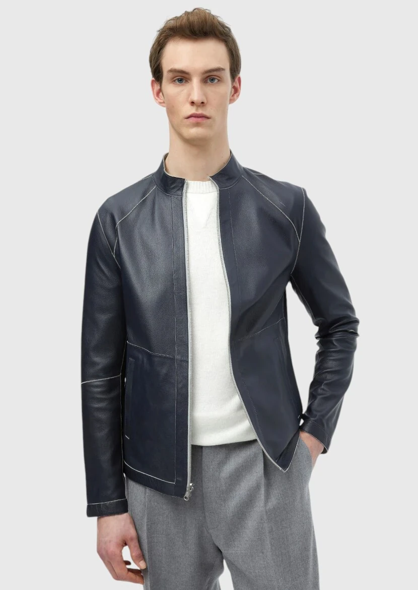 Light Grey Regular Fit Turtleneck Casual Suede Double-Sided Leather Coat - RAMSEY