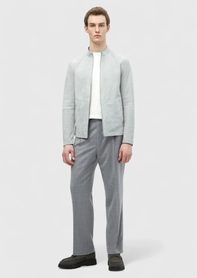 Light Grey Regular Fit Turtleneck Casual Suede Double-Sided Leather Coat - 3